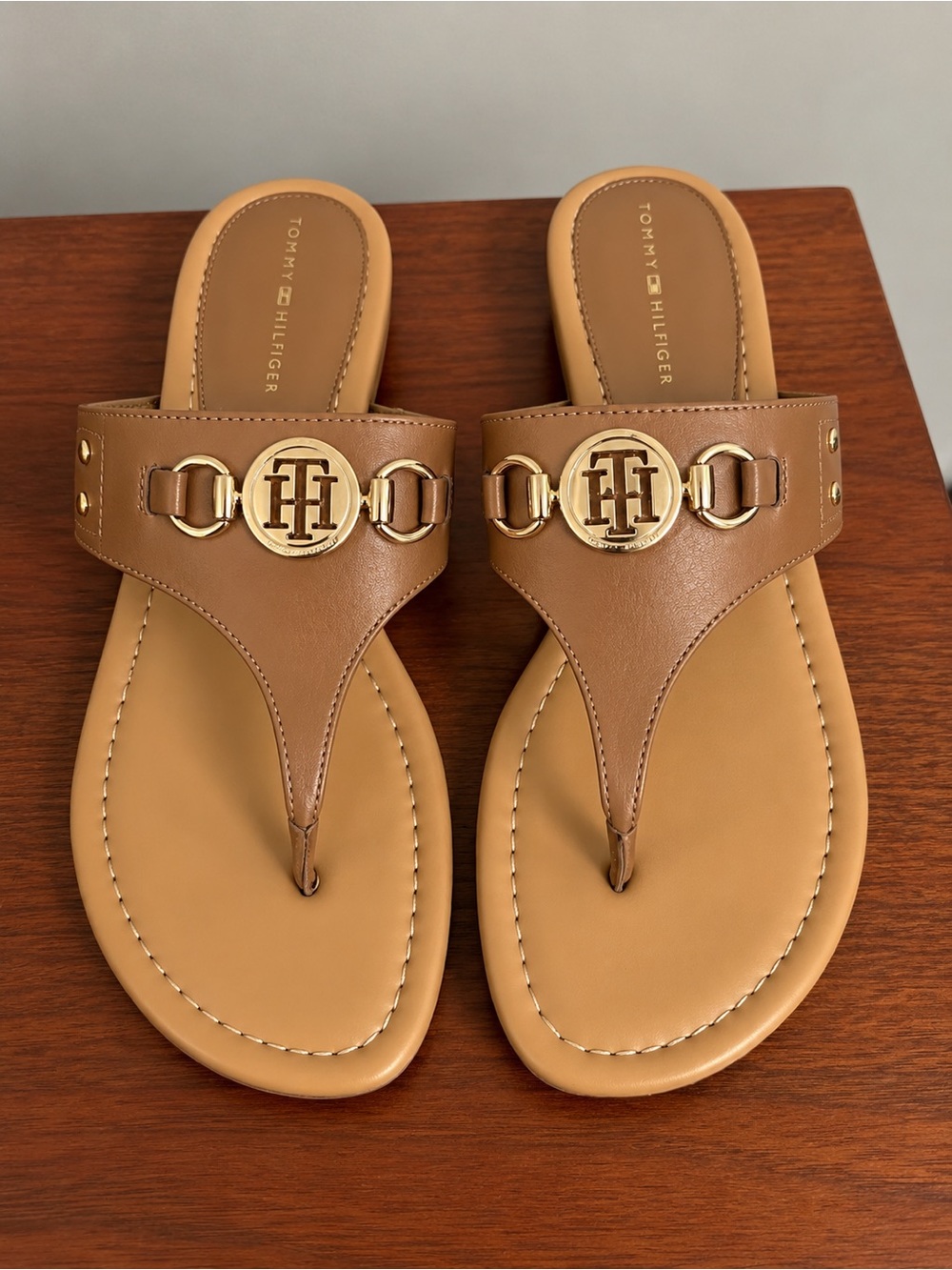 Tommy Hilfiger Brown Leather Logo Thong Sandals